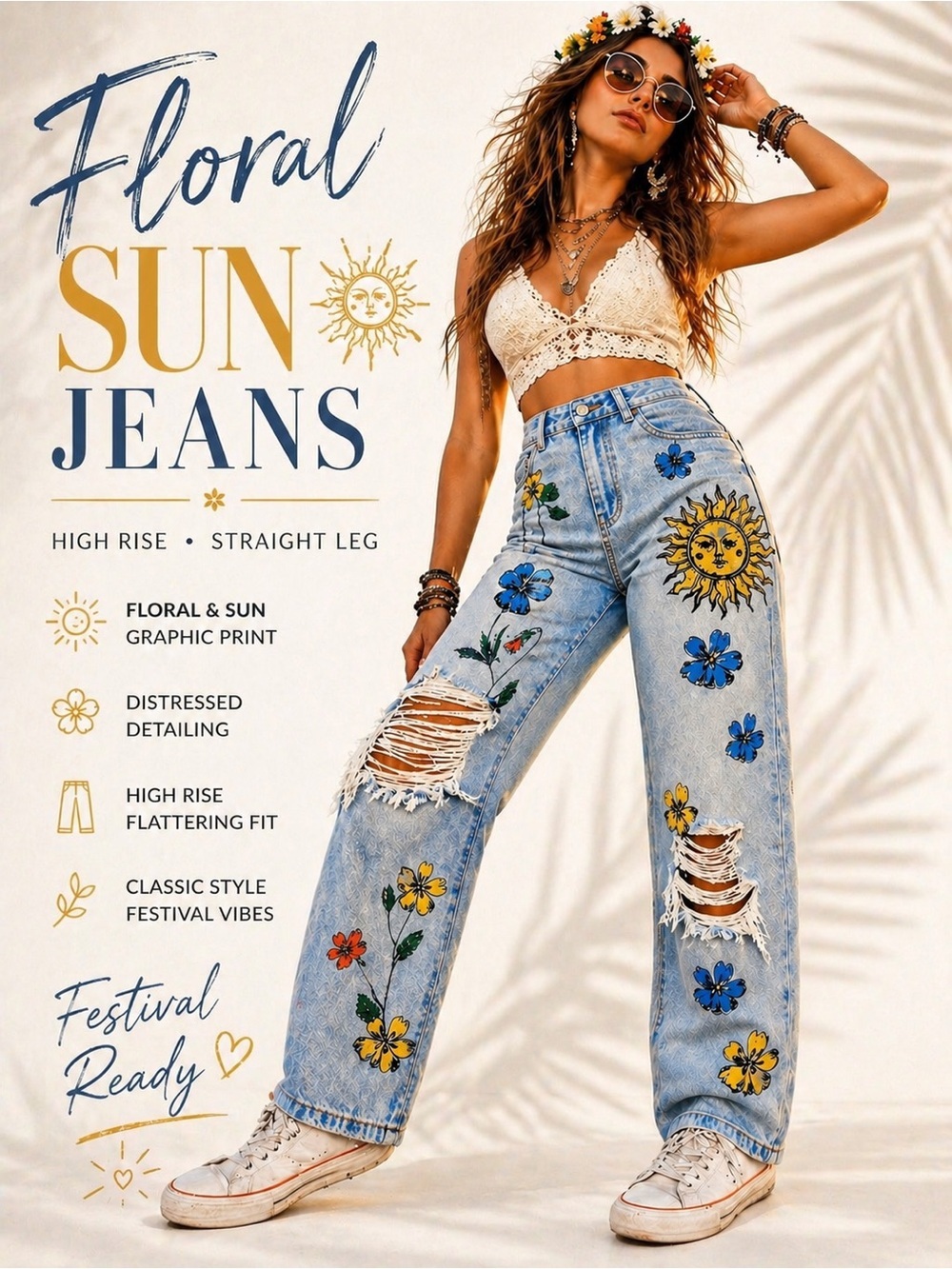 SHEIN Distressed Floral Sun Print Jeans High Rise Straight Festival Denim